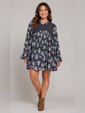 Volcom Salty Free Crochet Lace Floral Babydoll Bell Sleeve Dress Black Blue - M